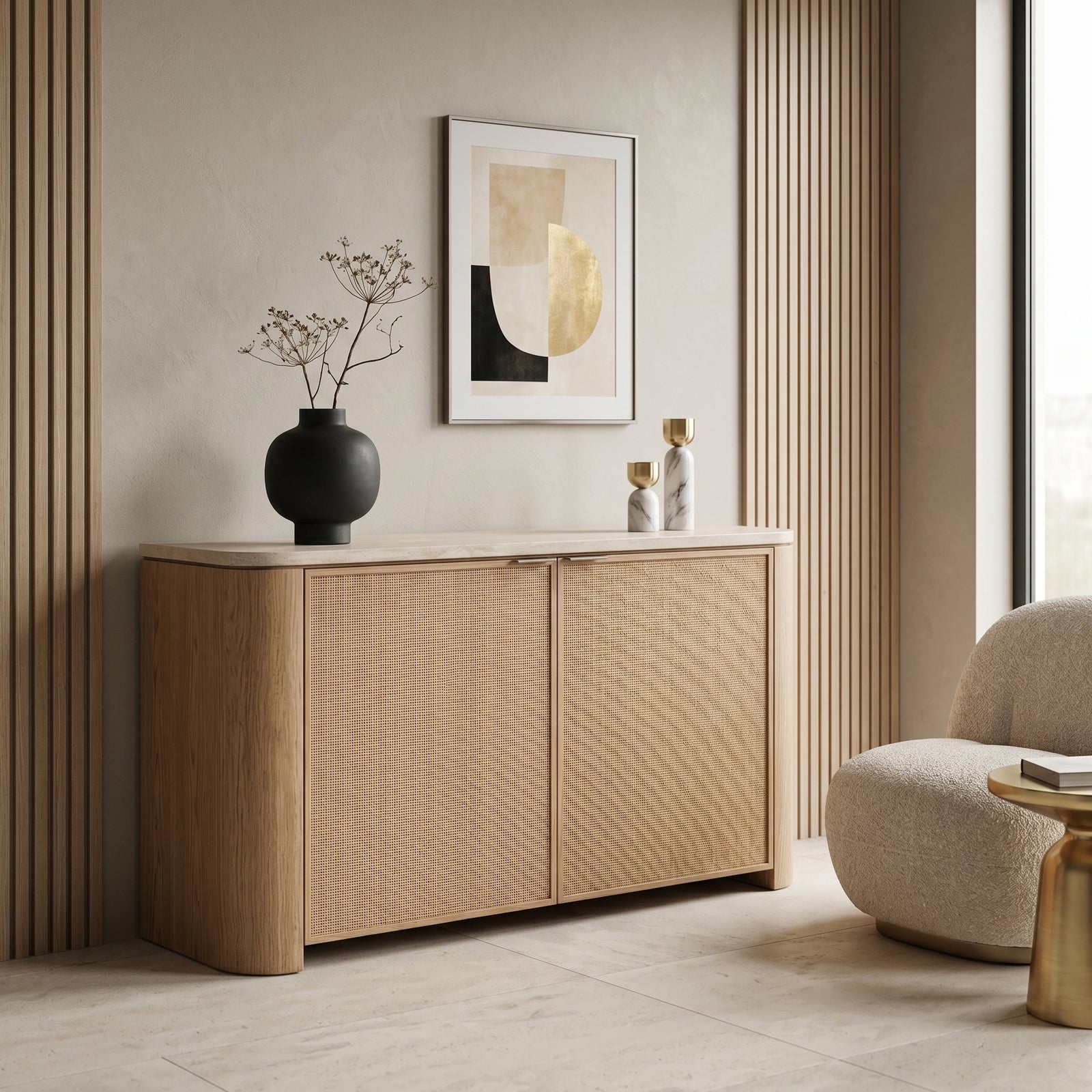 Oak Cane Stone Cabinet