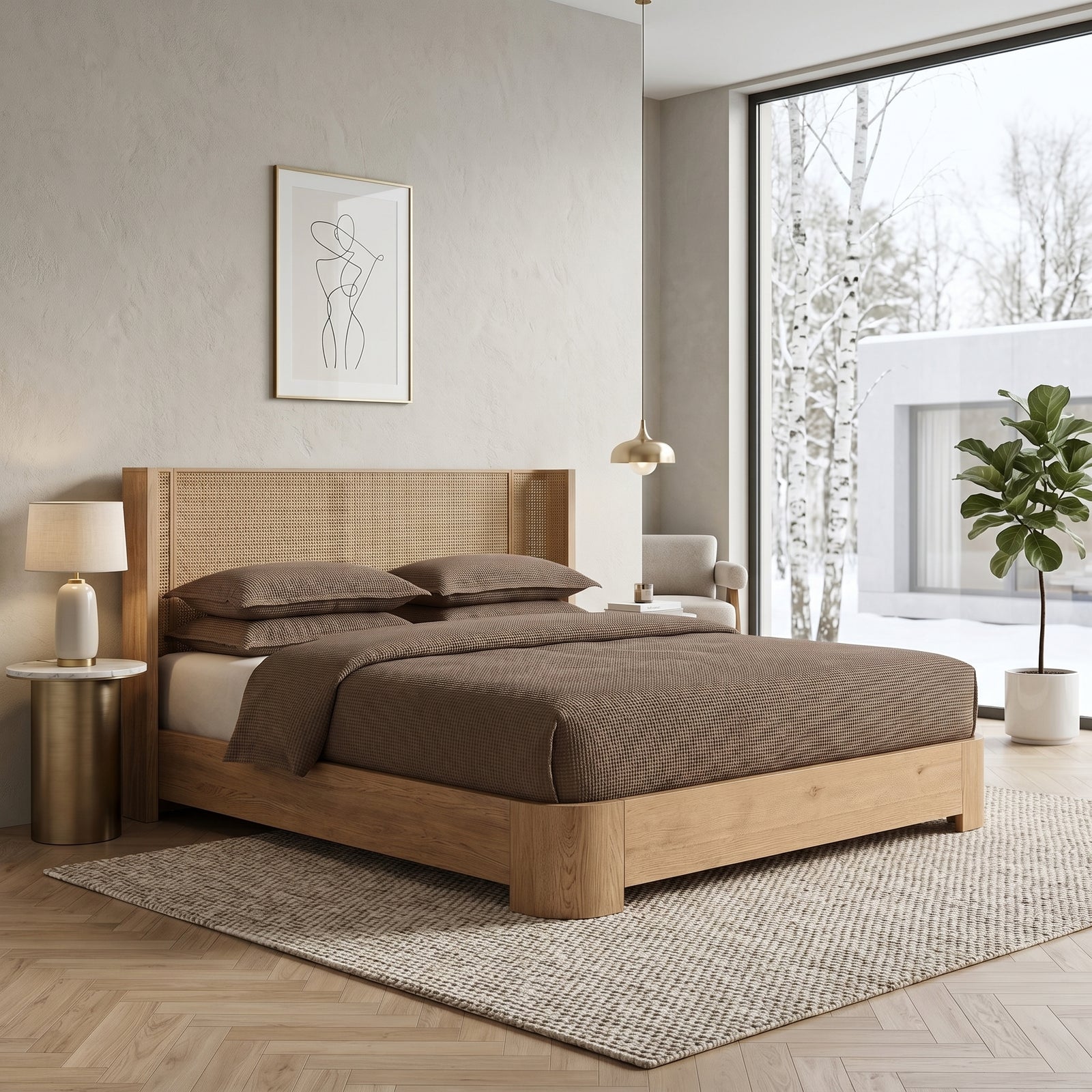 Oak Cane Platform Bed