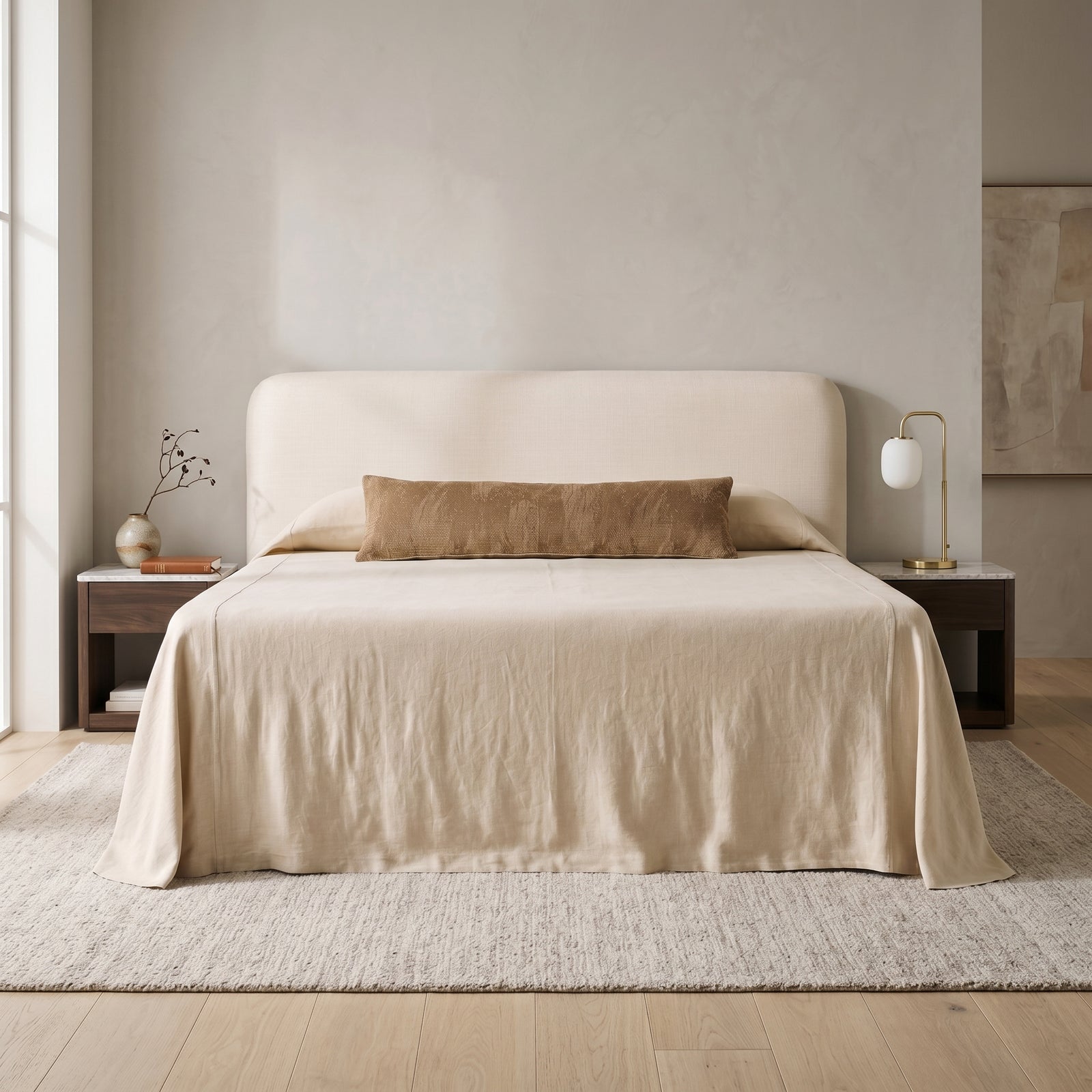 Beige Linen Upholstered Bed