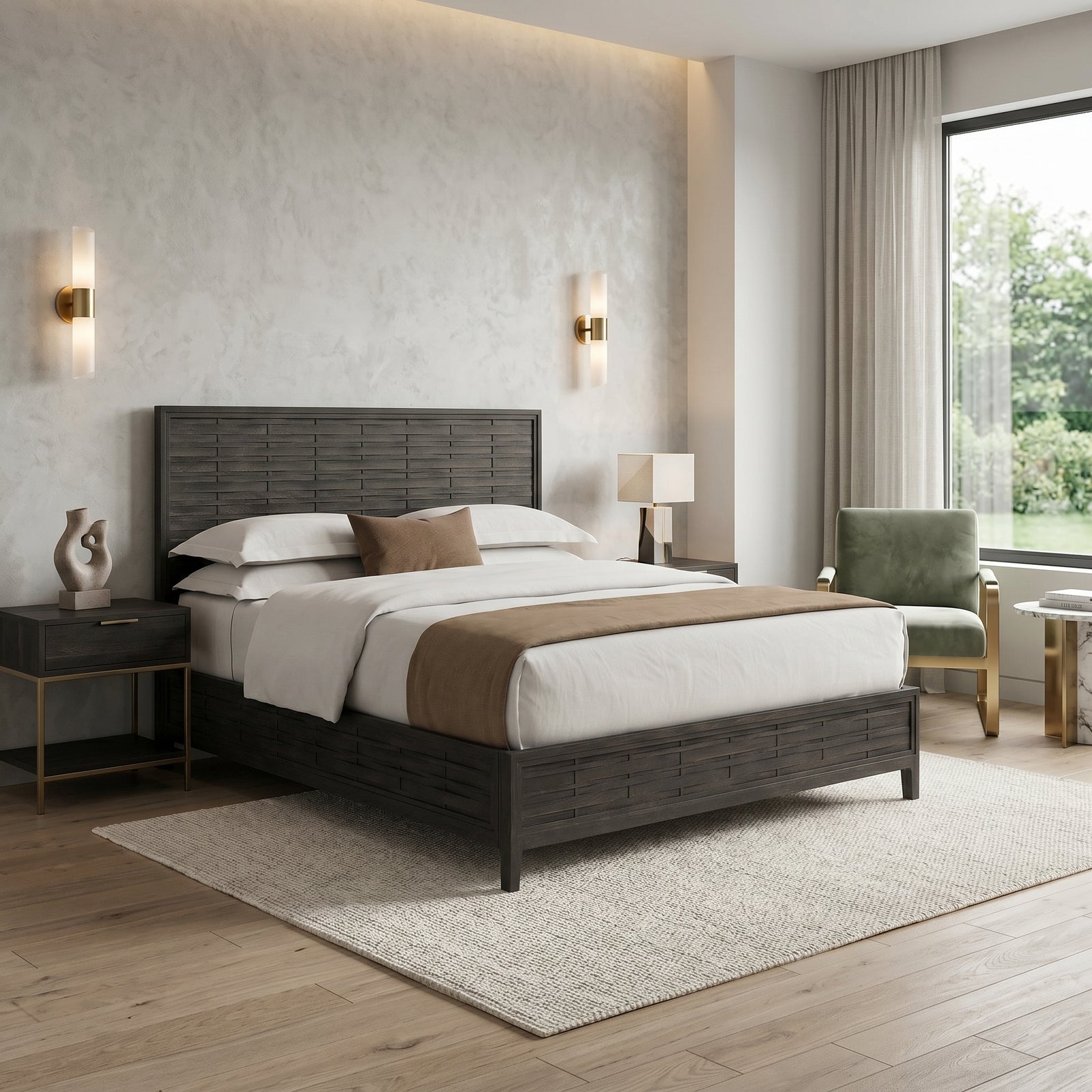 Dark Wood Slat Panel Bed