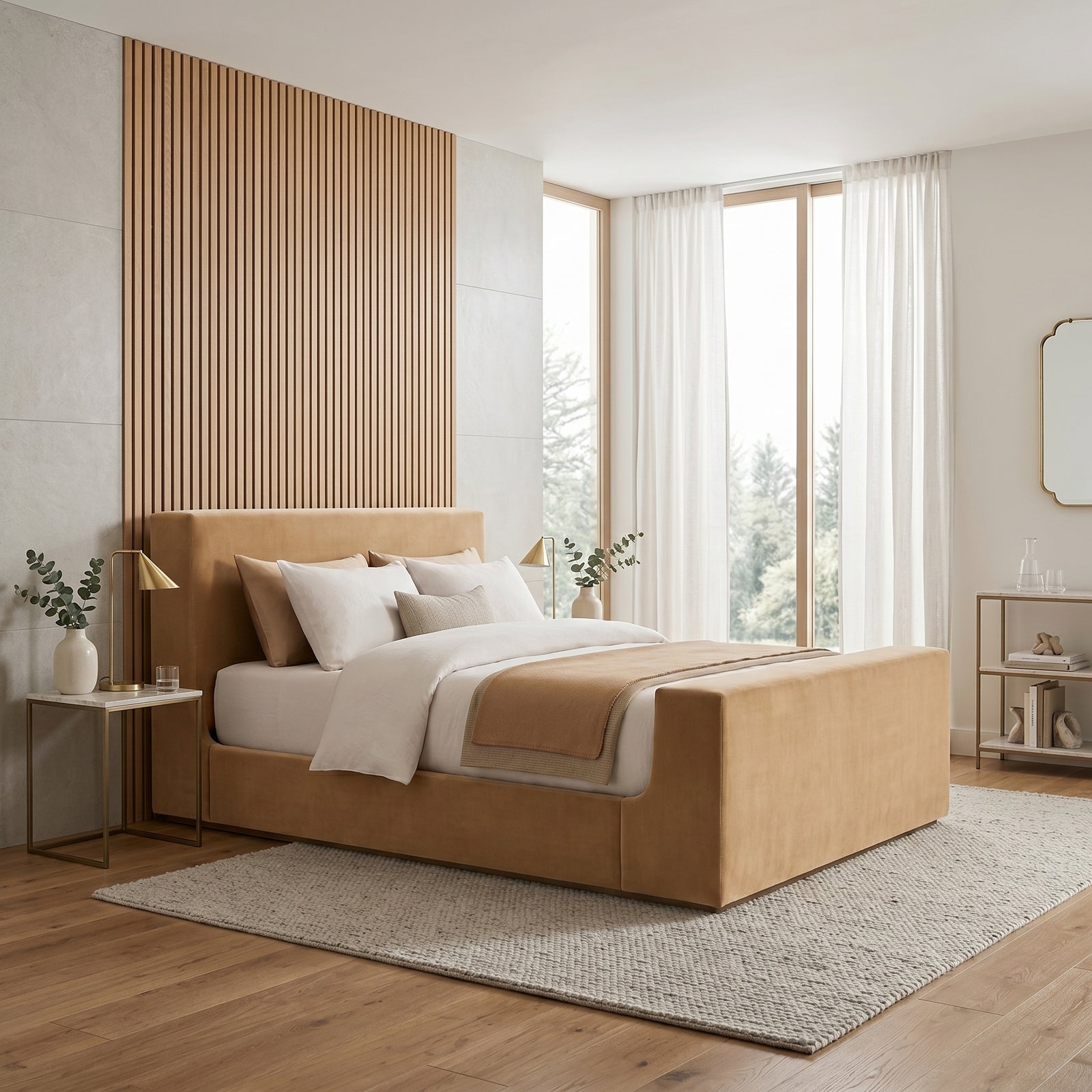 Tan Suede Platform Bed