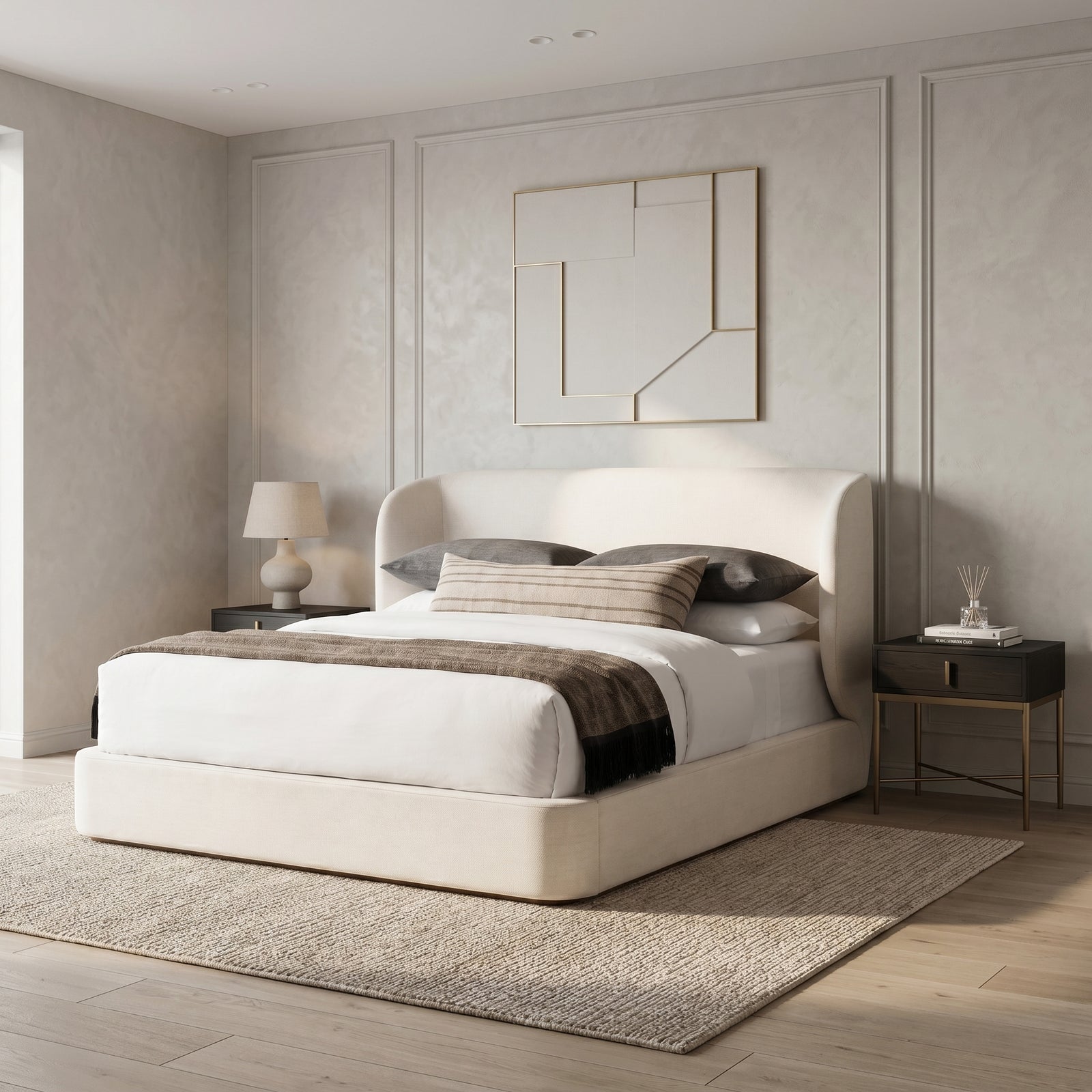 Beige Linen Platform Bed Frame