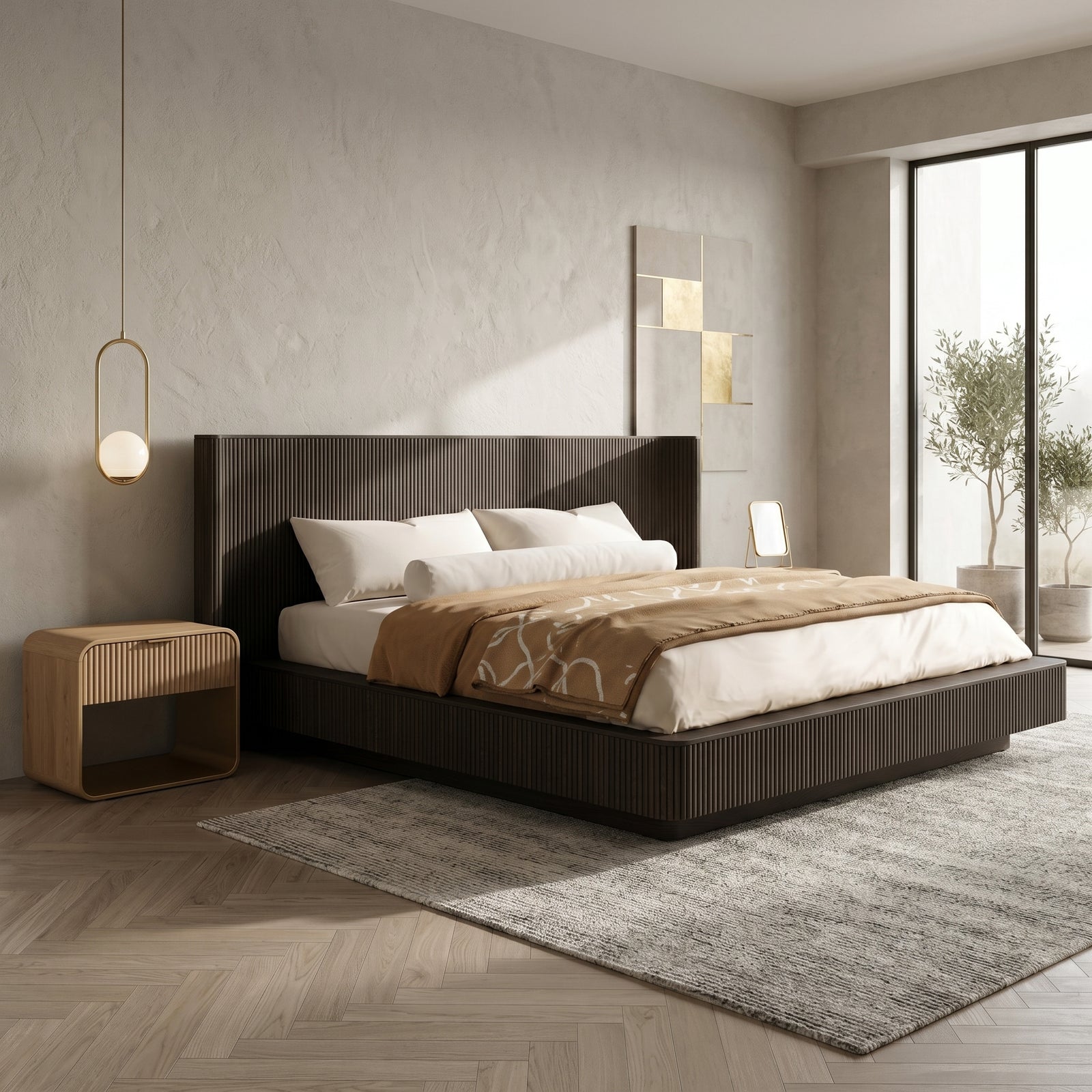 Dark Fluted Wood Bed