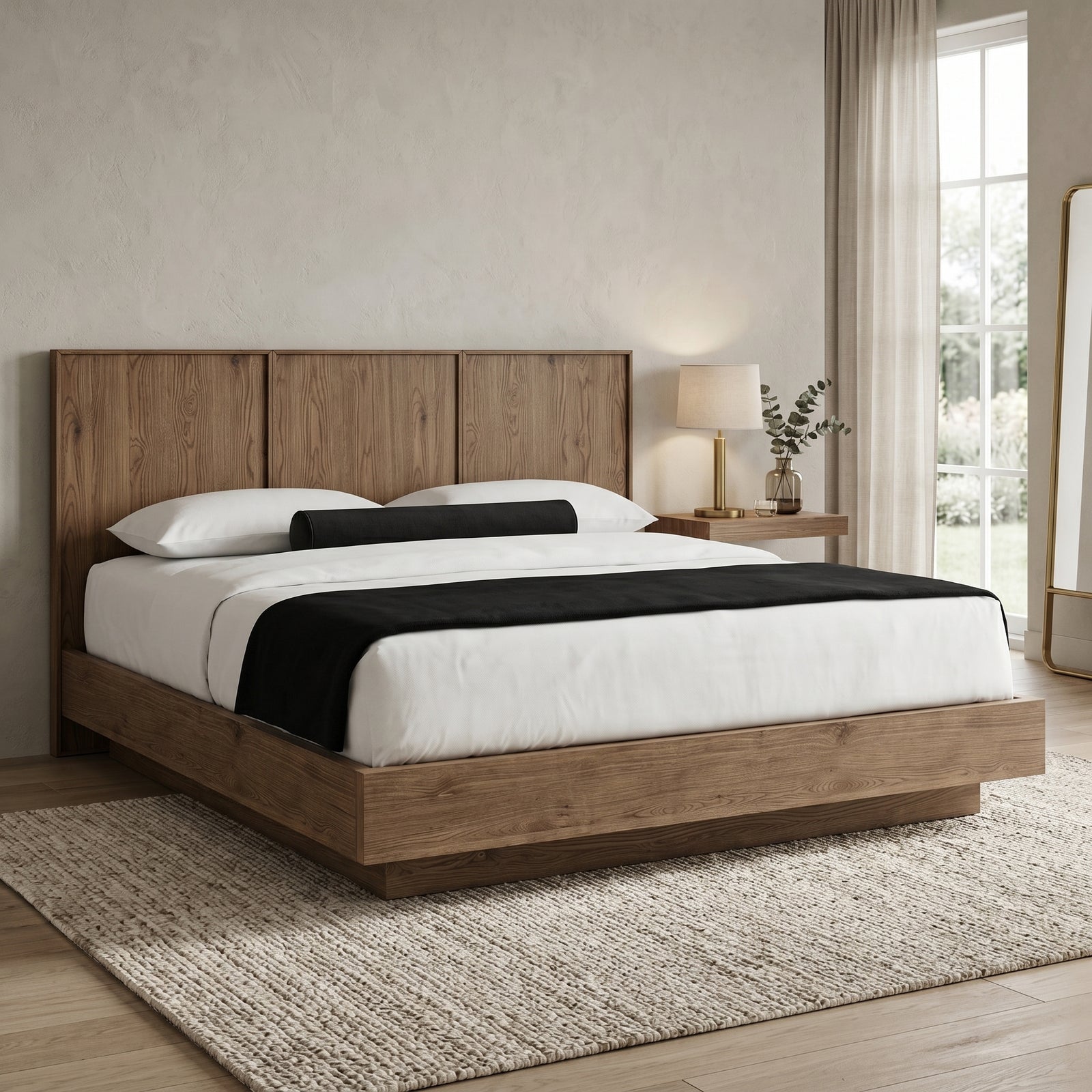 Walnut Wood Panel Platform Bed Frame