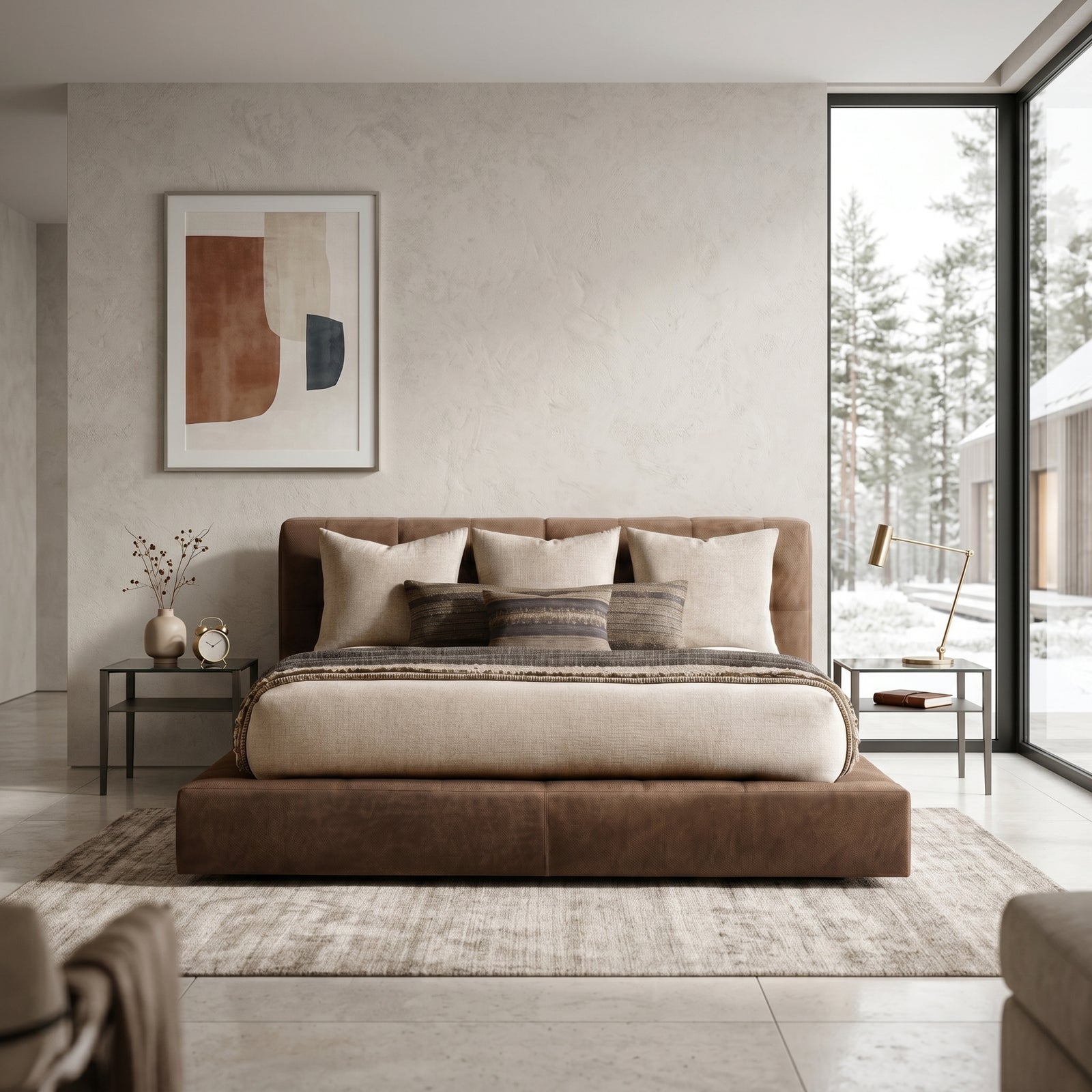 Brown Leather Upholstered Platform Bed Frame